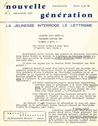 Nouvelle Génération. La Jeunesse Interroge Le Lettrisme. No. 1 (January/February 1962) through No. 2 (March/April 1962) (all published).