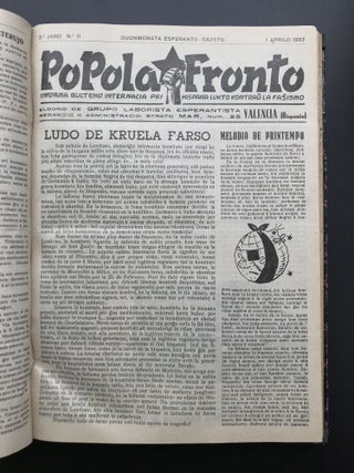 Popola Fronto: informa bulteno internacia pri Hispana lukto kontraŭ la faŝismo [People’s front: an international informational bulletin for the Spanish fight against fascism], vols. I–III, nos. 1, 5—28, 30—42, 44 (of 44 published).